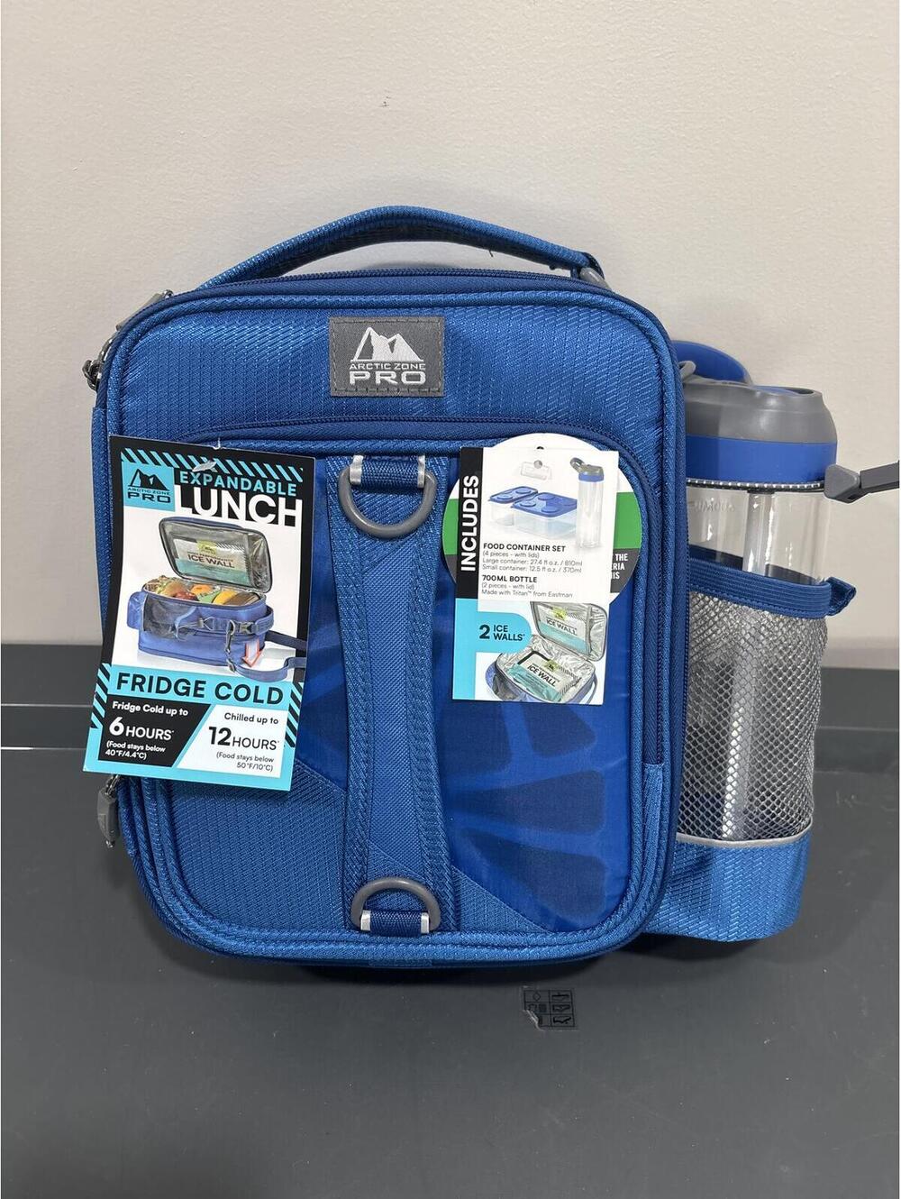 Arctic Zone Pro Blue Expandable Insulated Lunch Bag with Water Bottle